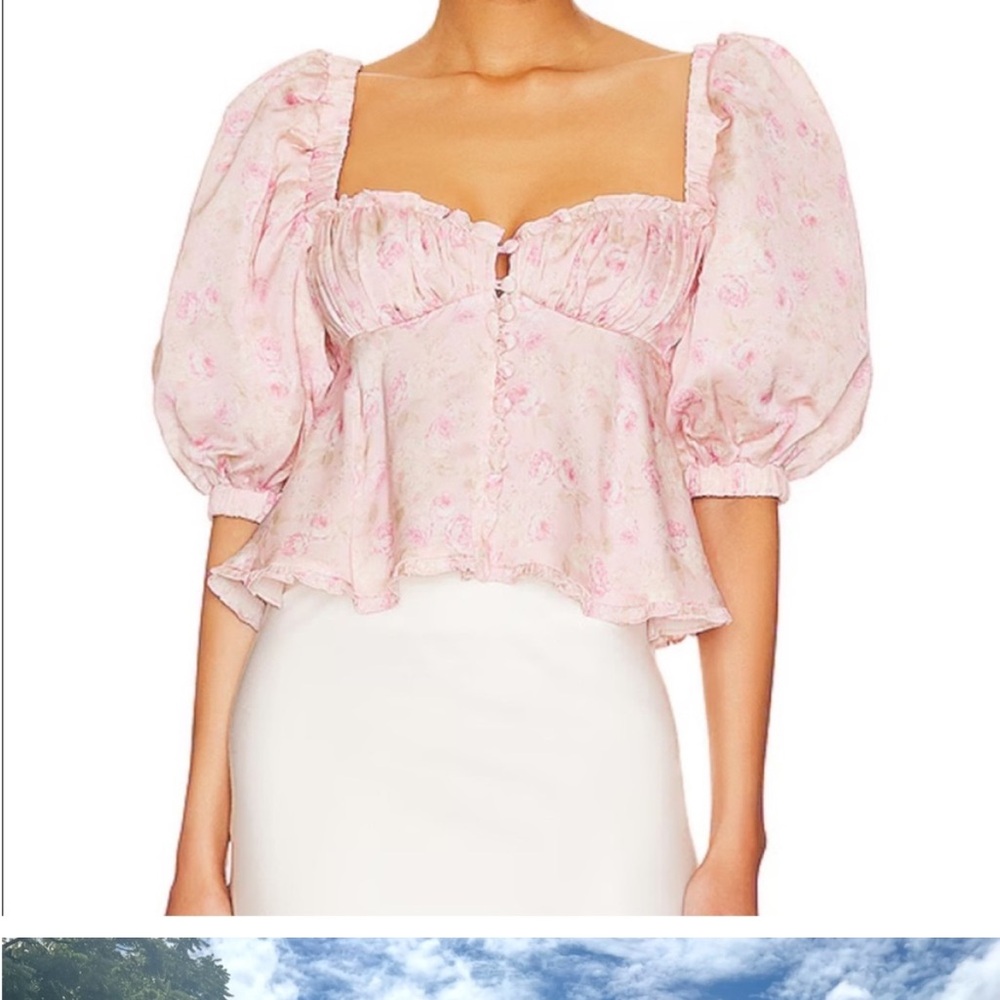 For Love And Lemons Pink Puff Sleeve Smocked Blouse size M